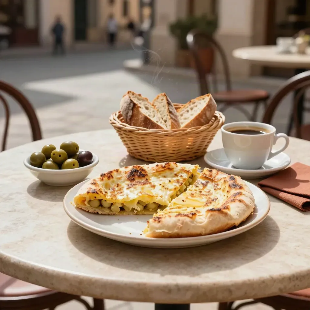 Mesa de terraza con tortilla española, pan, aceitunas y café al sol en una plaza.