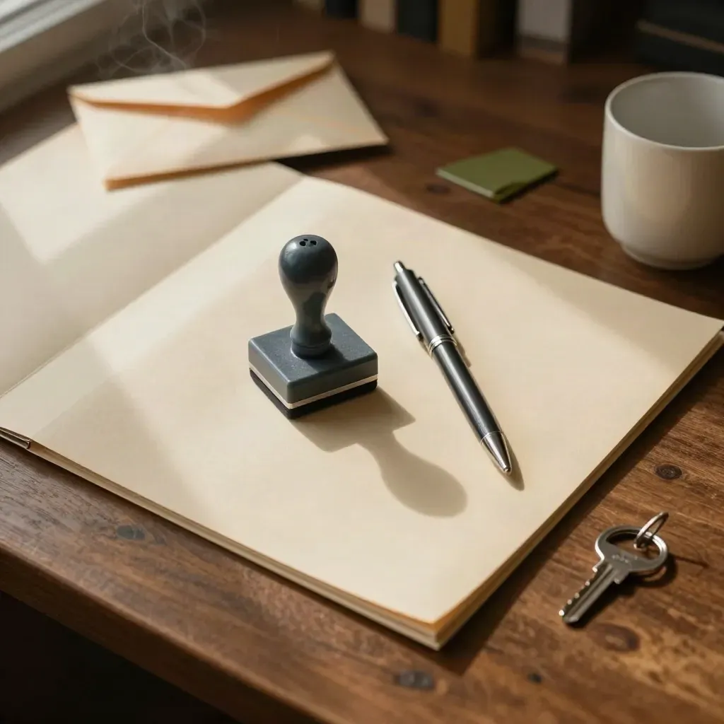 Folder beige, sello y llaves junto a una taza de cerámica sobre un escritorio cálido, con sobre desenfocado.