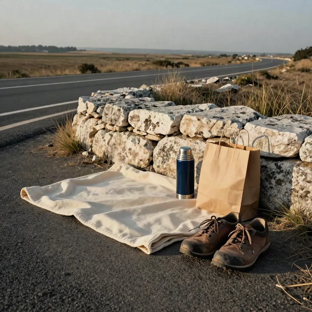 Área de descanso vacía con manta, termo, zapatos de caminar y bolsa de papel junto a un muro de piedra.