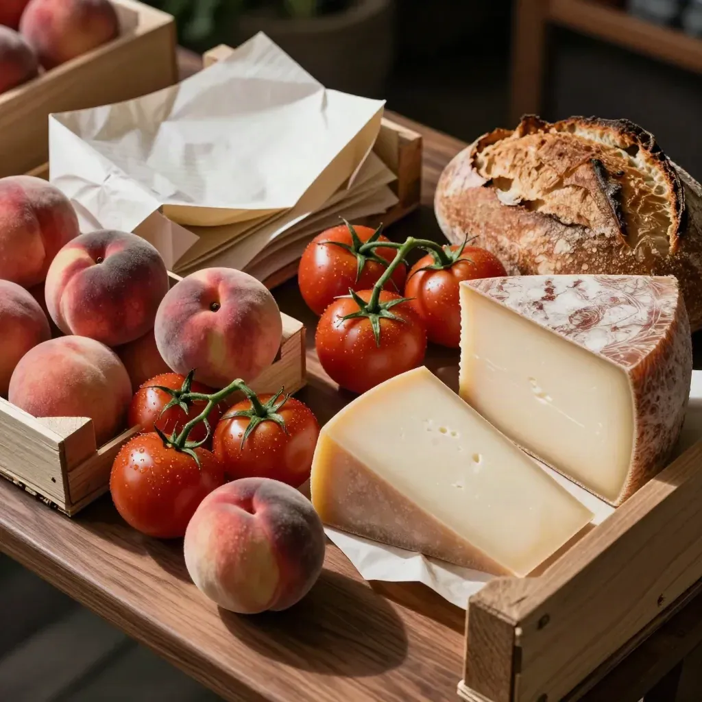 Puesto de mercado con melocotones, tomates, pan, queso manchego y papel de estraza