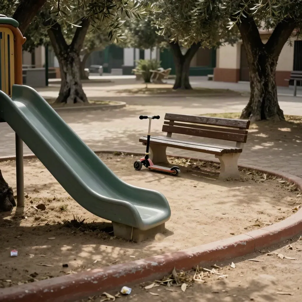 Sendero tranquilo de parque con tobogán, banco, patinete y envoltorio de helado.