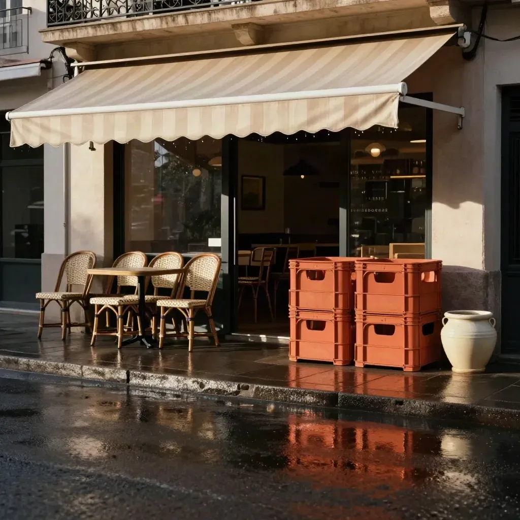 Fachada de café en Ruzafa con sillas de caña, cajas naranjas y reflejos tras la lluvia.