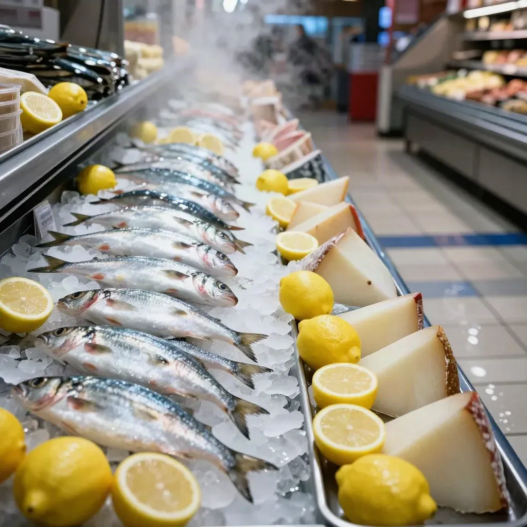 Pasillo de mercado con pescado sobre hielo, limones y queso manchego en suelo de azulejo húmedo.