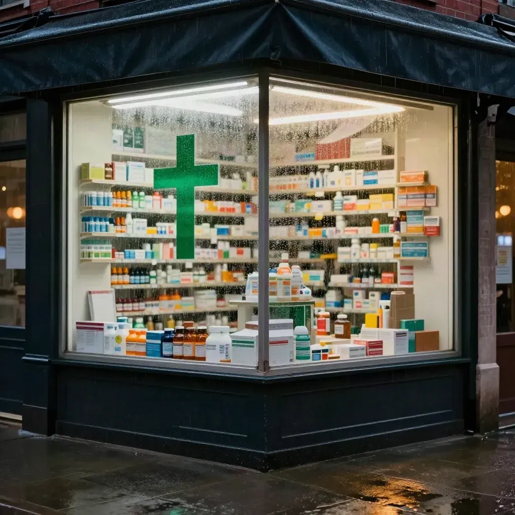 Farmacia de guardia en una esquina, vidrio mojado y reflejo verde sobre el asfalto nocturno.