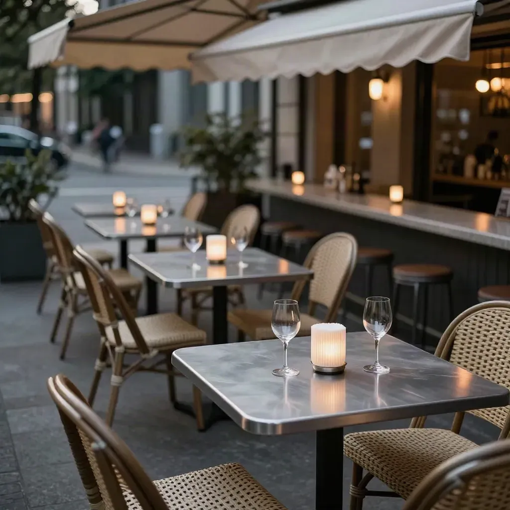 Terraza de bar vacía al atardecer con mesas metálicas, copas y sillas de mimbre.