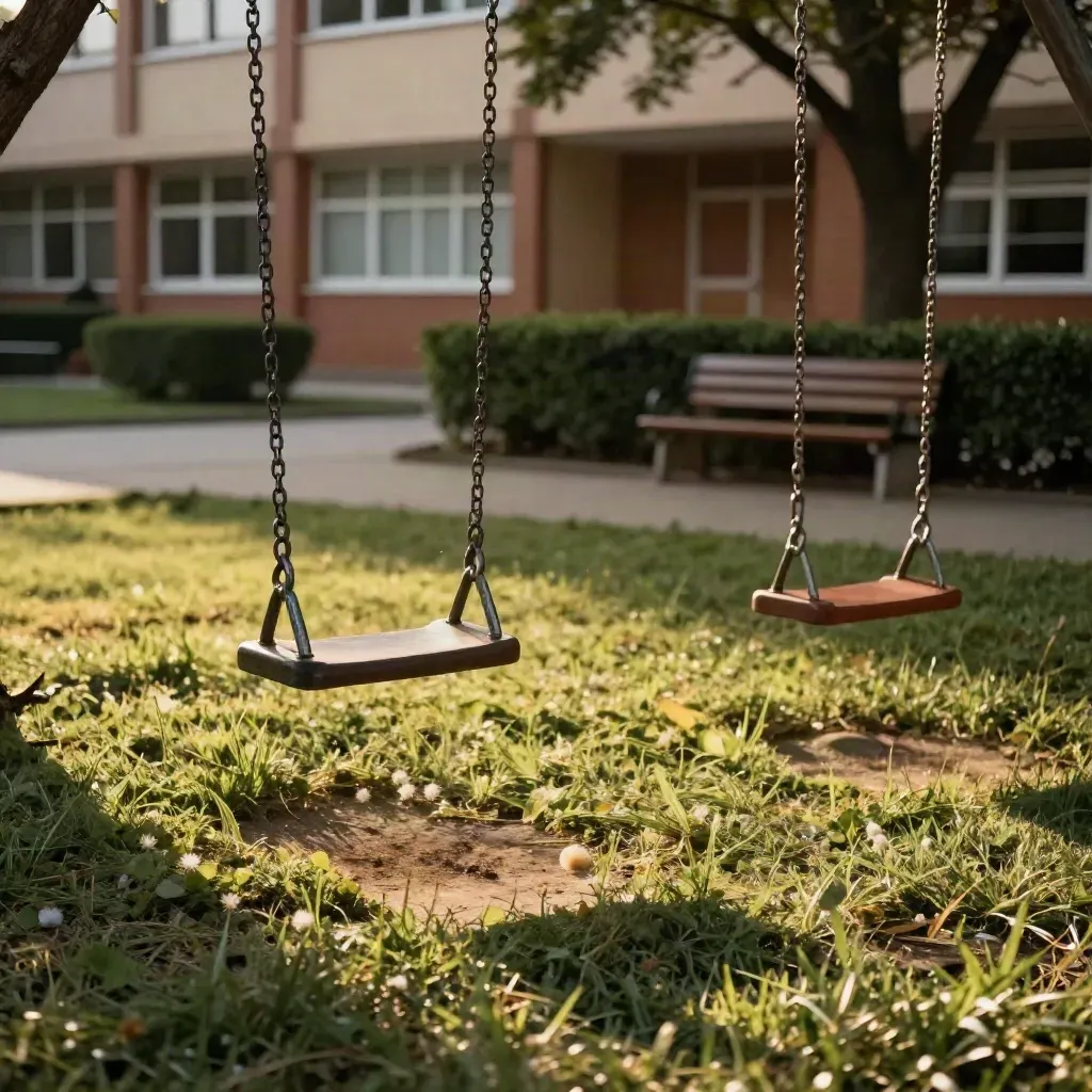 Parque escolar vacío al atardecer, columpios quietos y un banco bajo la luz cálida.