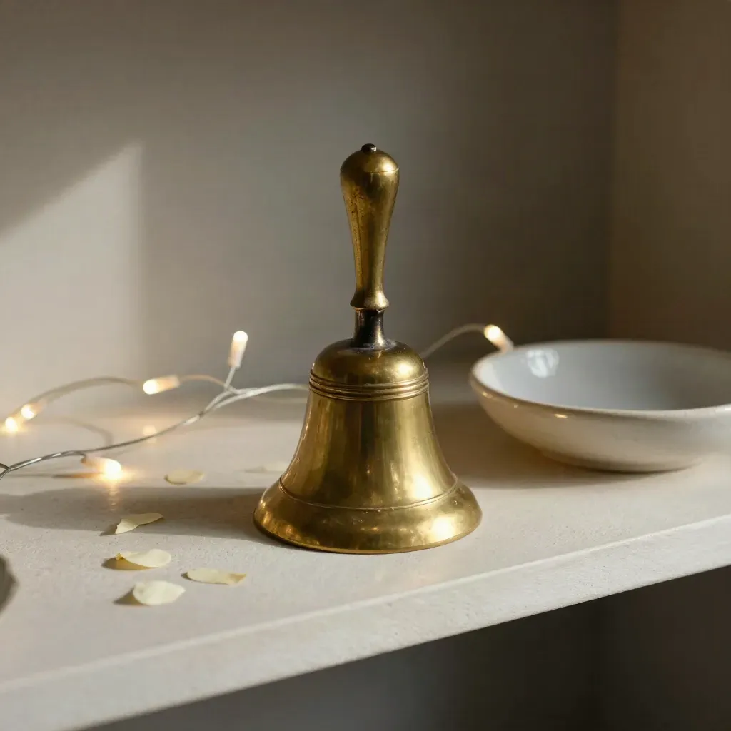 Campana de bronce, luces de guirnalda y pétalos sobre una repisa clara.